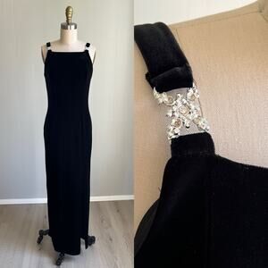 Vintage 90s Y2K Black Velvet Maxi Dress 5 6 Small Stretchy Rhinestone Whimsigoth